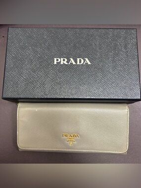 Prada Taupe Saffiano Card Wallet with Gold Logo